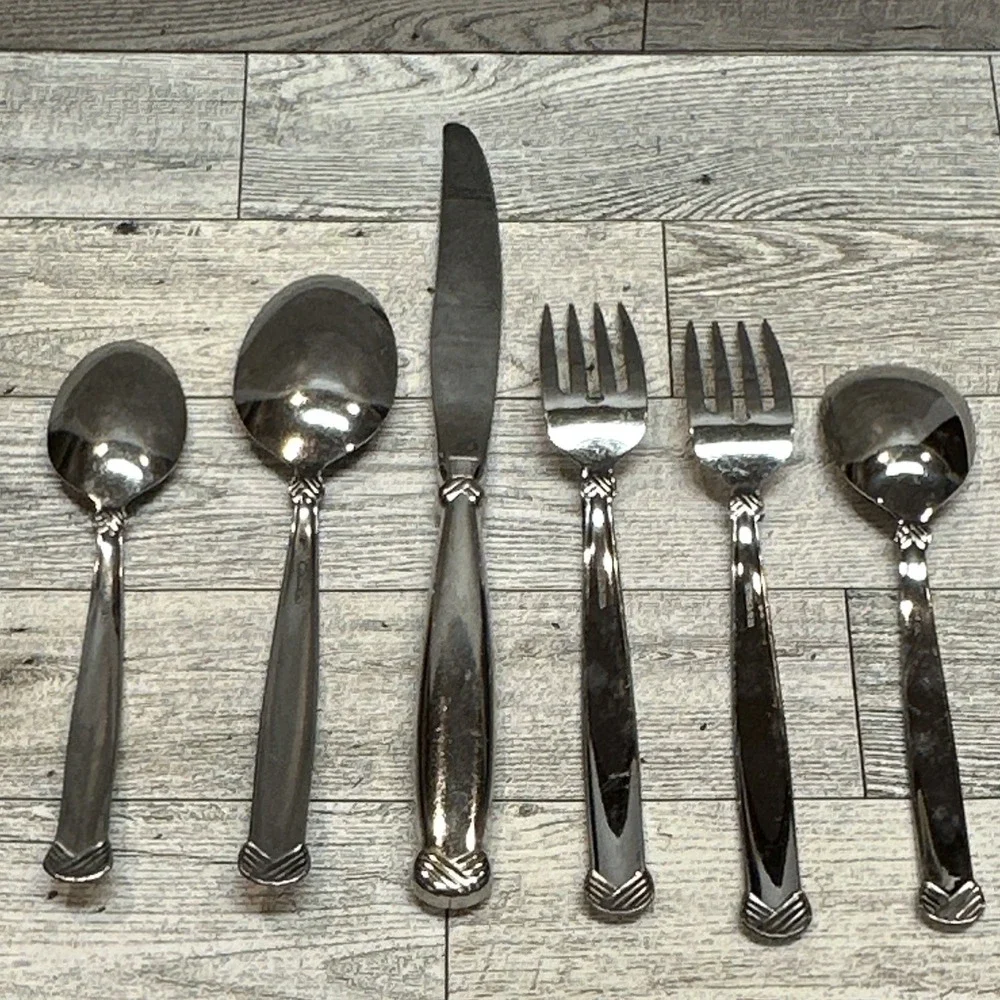 Oneida USA Rattan Stainless Steel Shiny Silver Etched Flatware 6PC Vintage